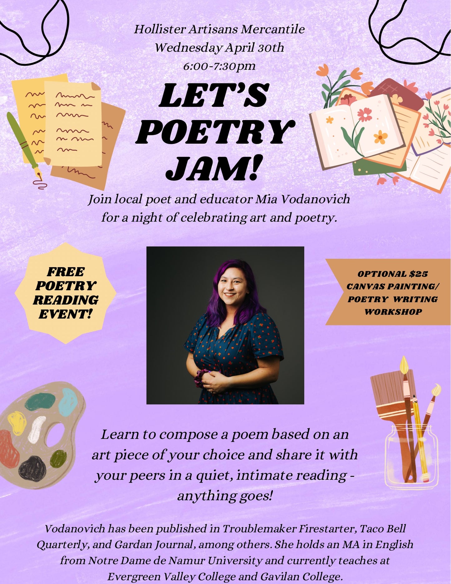 Poetry Jam free reading and optional paint/writing workshop 4/30