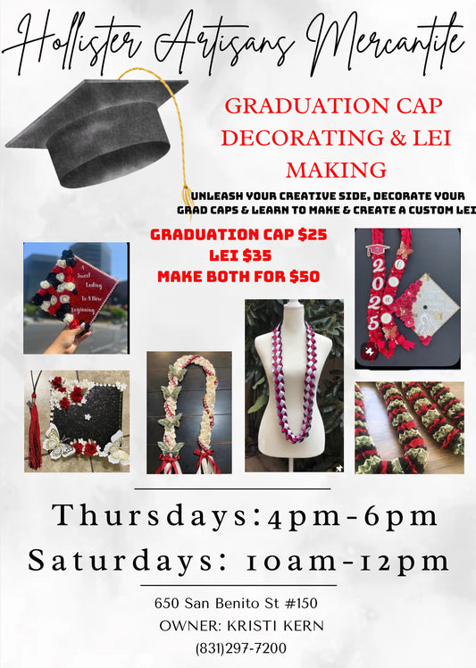 Grad cap and lei decorating